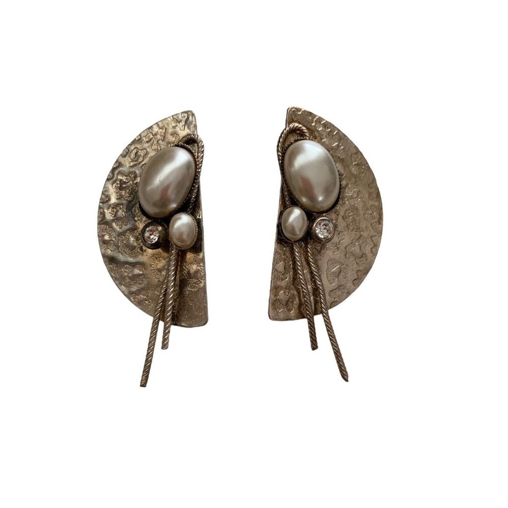 Vintage Paco Designs 80s Fashion Post Earrings Art Deco White Metal Faux Pearls